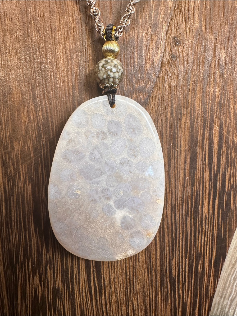 Coral Fossil Birds Pendant with Ocean Jasper on Adjustable Rope - Picture 7 of 15